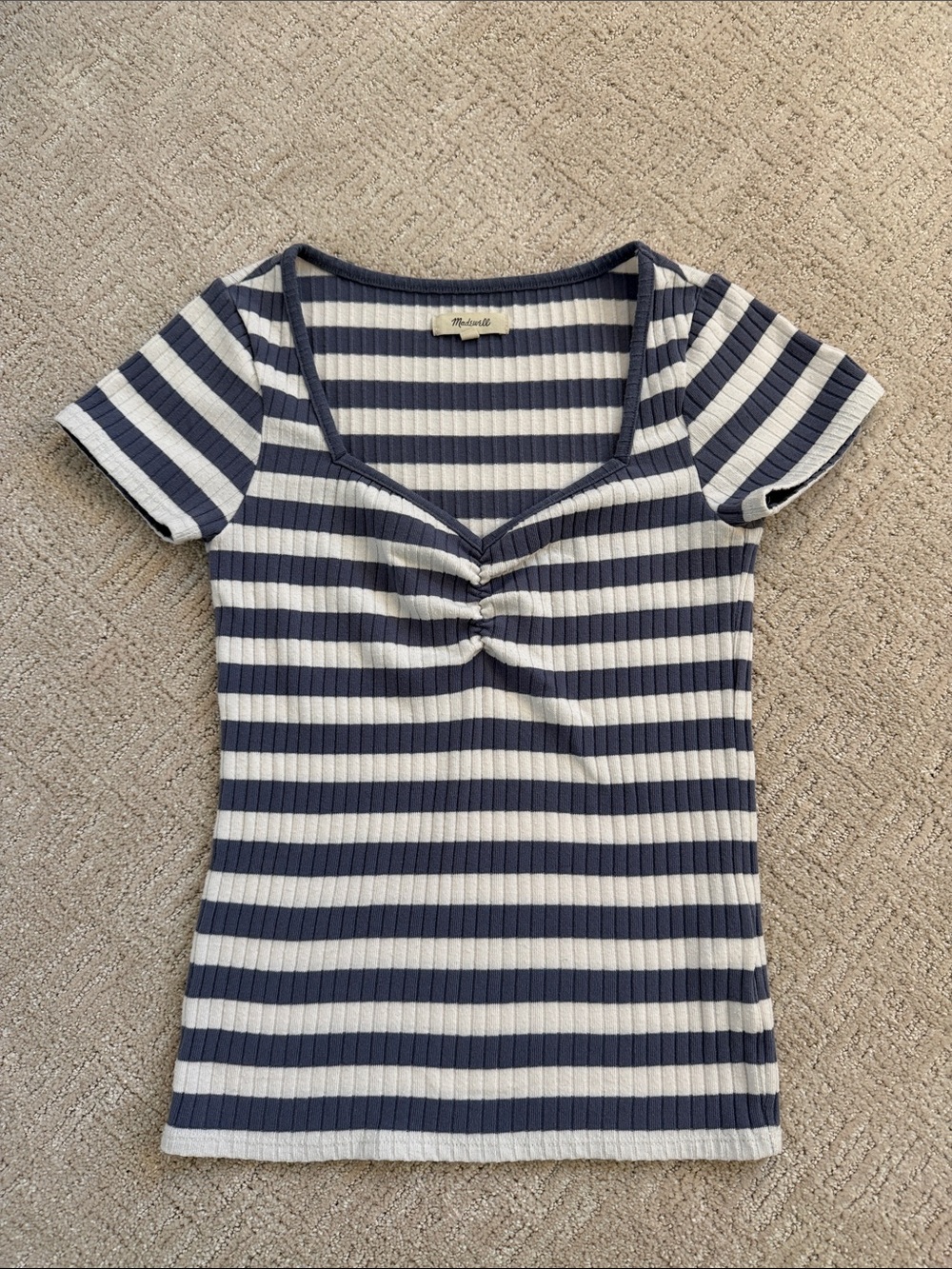 Madewell Blue & White Striped Short Sleeve Sweetheart Top XS